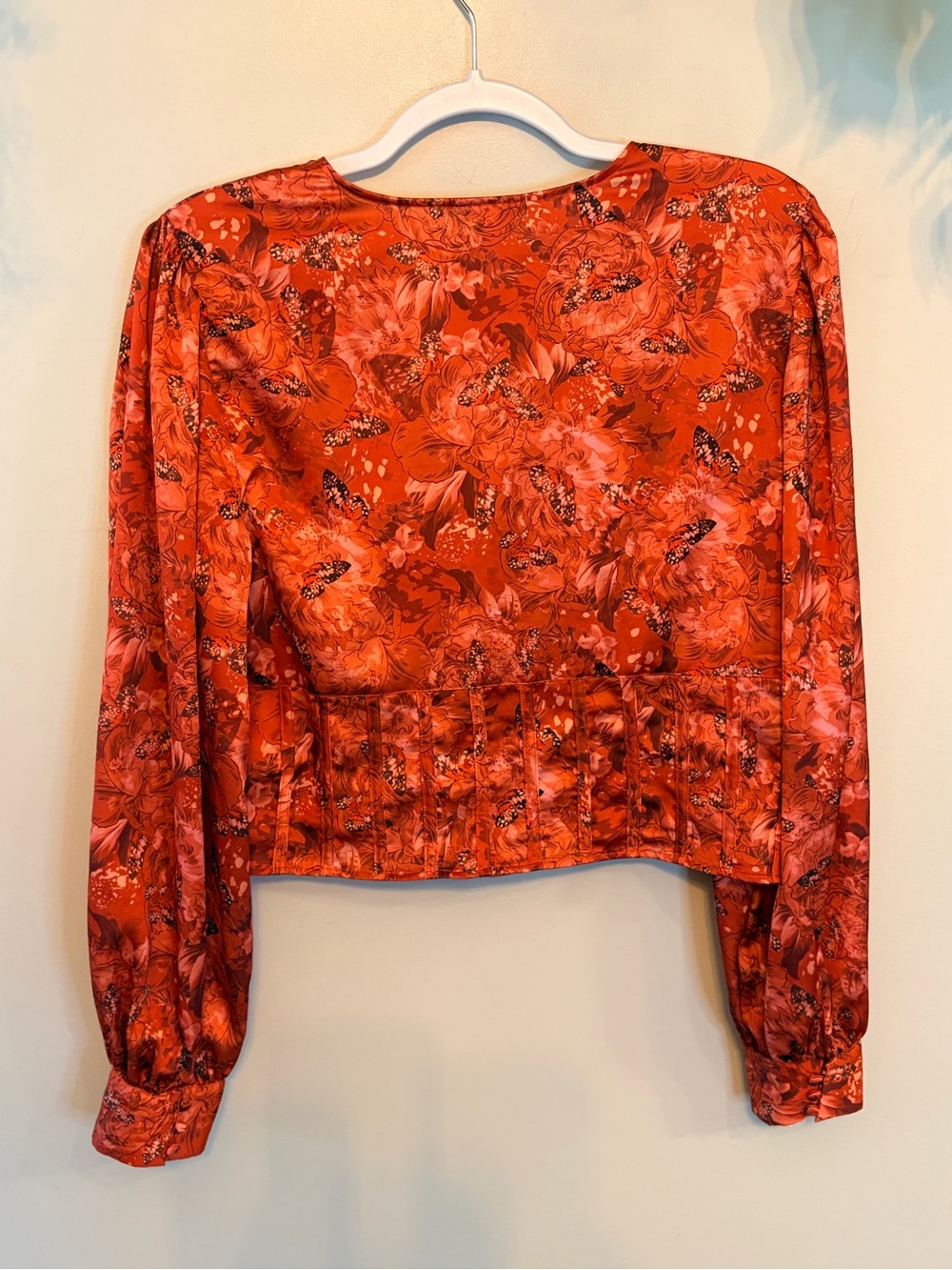 Floral Corset Blouse Butterfly Print Puff Sleeve Crop Top Size - Picture 9 of 10